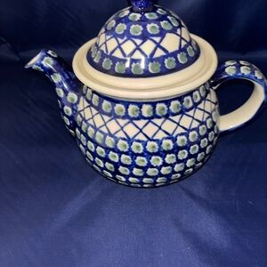 Polish Pottery Blue and Cream Patterned Teapot